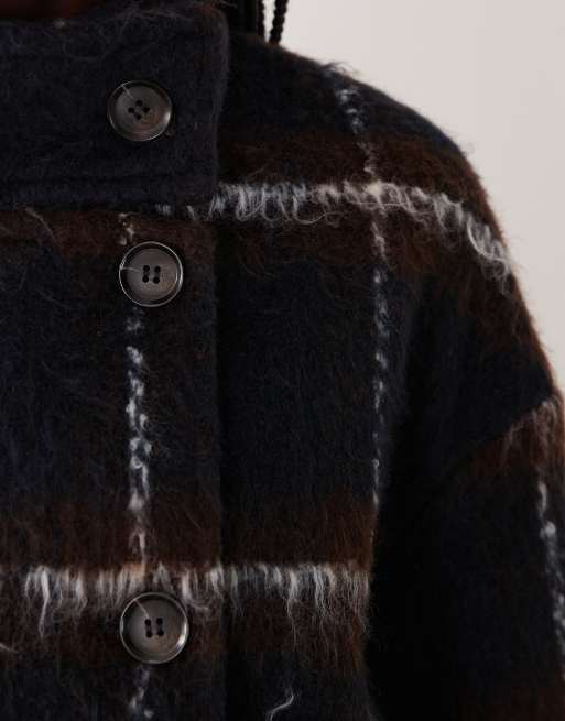 Vila brushed wool-feel short funnel neck jacket in navy and brown check, 4 of 4