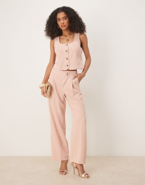 Vila pleat front tailored wide leg trouser co-ord in peach whip