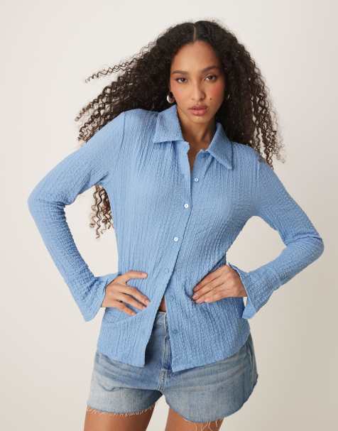 VILA bubble texture long sleeve button up shirt in kentucky blue - view 1