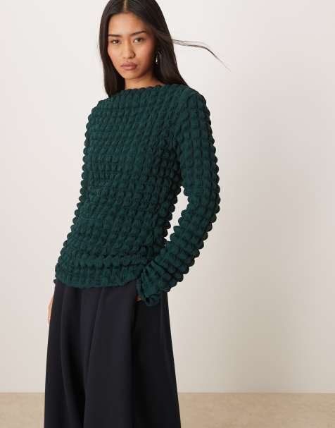 Vila bubble textured long sleeve top in dark green