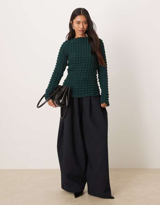 Vila bubble textured long sleeve top in dark green, 2 of 4