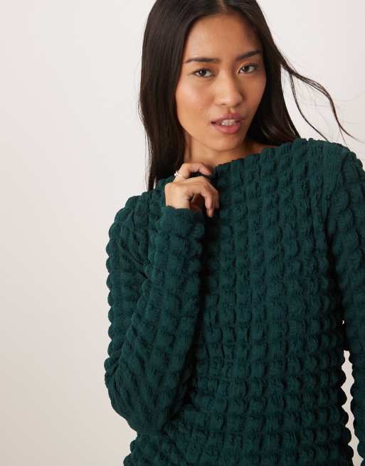 Vila bubble textured long sleeve top in dark green, 3 of 4