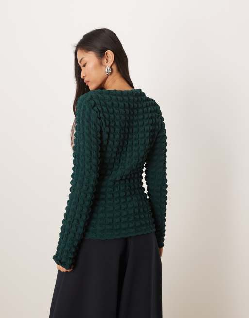 Vila bubble textured long sleeve top in dark green, 4 of 4