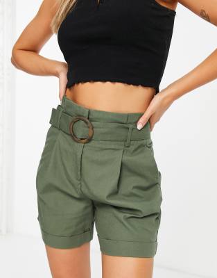 Vila Vila buckle detail shorts with pleat front in khaki-Green