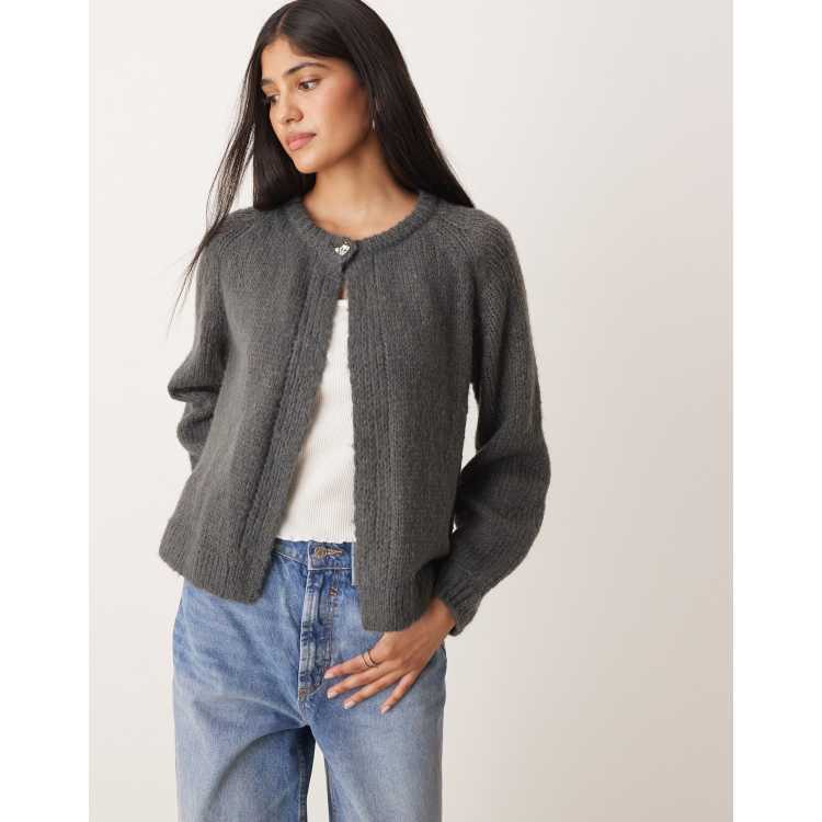 Vila button detail knit cardigan in medium heather gray | ASOS