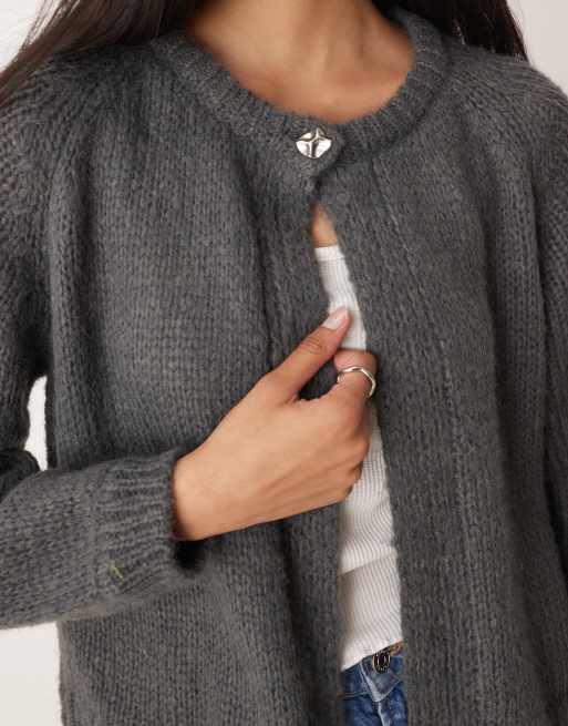Vila button detail knitted cardigan in medium grey melange, 2 of 4