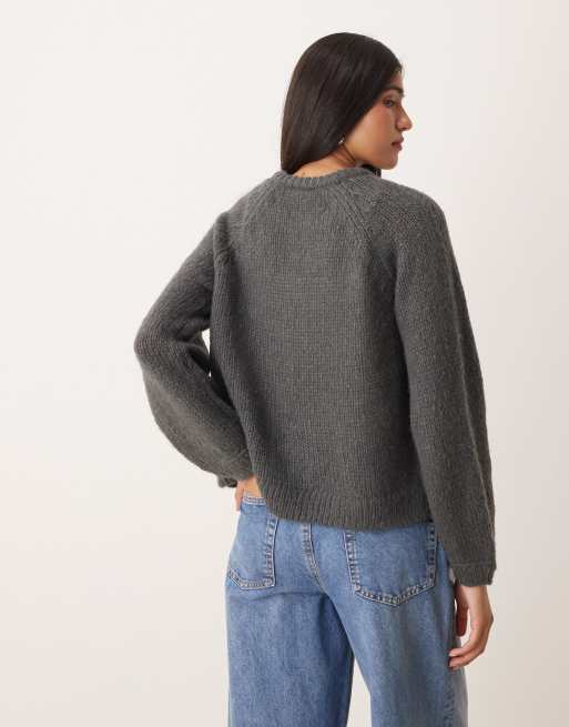 Vila button detail knitted cardigan in medium grey melange, 4 of 4