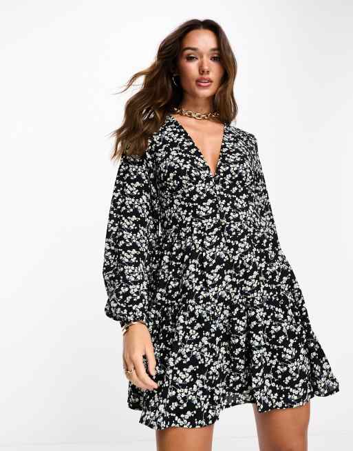 Vila button detail midi dress in black ditsy floral | ASOS