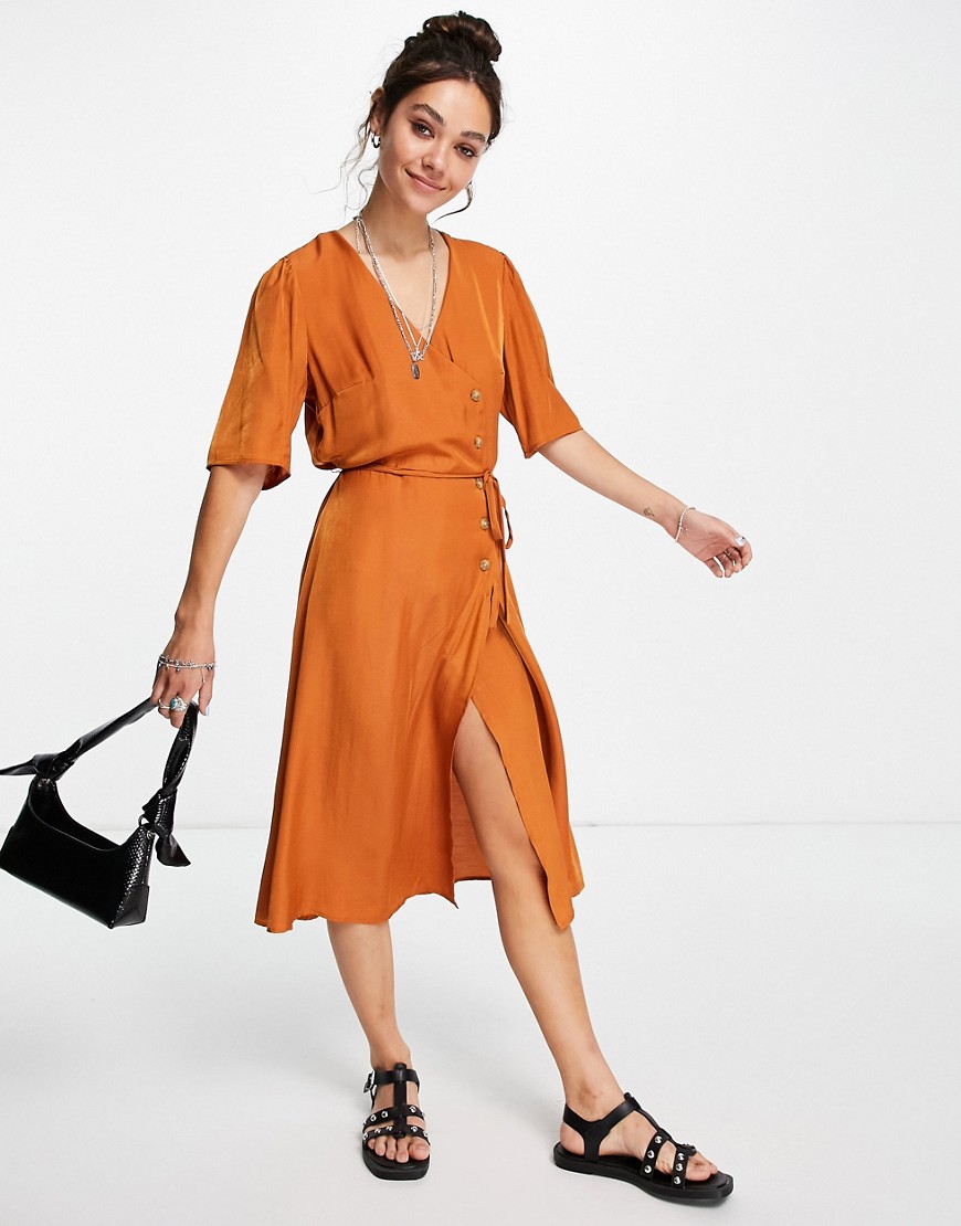 Vila Button Detail Wrap Dress In Terracotta-brunette | ModeSens
