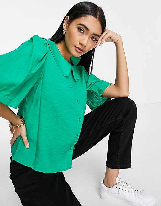 Vila button front blouse in green | ASOS