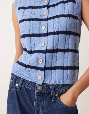 Vila Button Front Cable Knit Vest In Blue