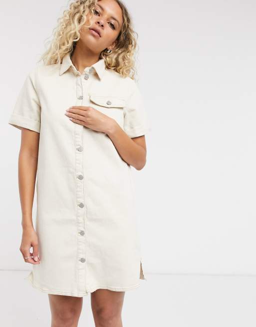 Vila button front denim dress in off white