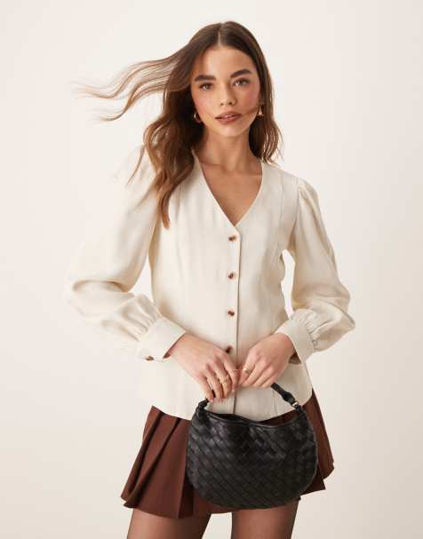 Vila button front fitted blouse in birch cream - view 1