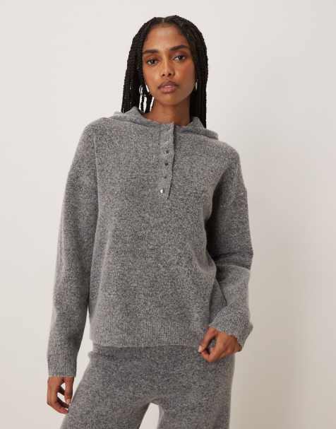 VILA button front knit hoodie in medium gray melange - part of a set - view 1