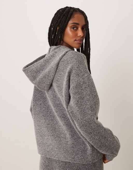 VILA button front knit hoodie in medium gray melange - part of a
