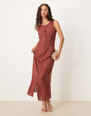 button front midi dress in burnt henna check-Red