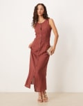 [Vila] VILA button front midi dress in burnt henna check-Red 34 Burnt henna