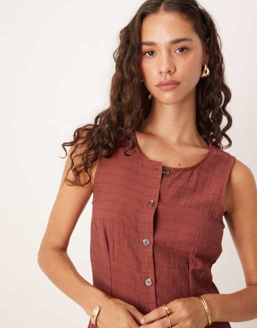 VILA button front midi dress in burnt henna check, 2 of 4