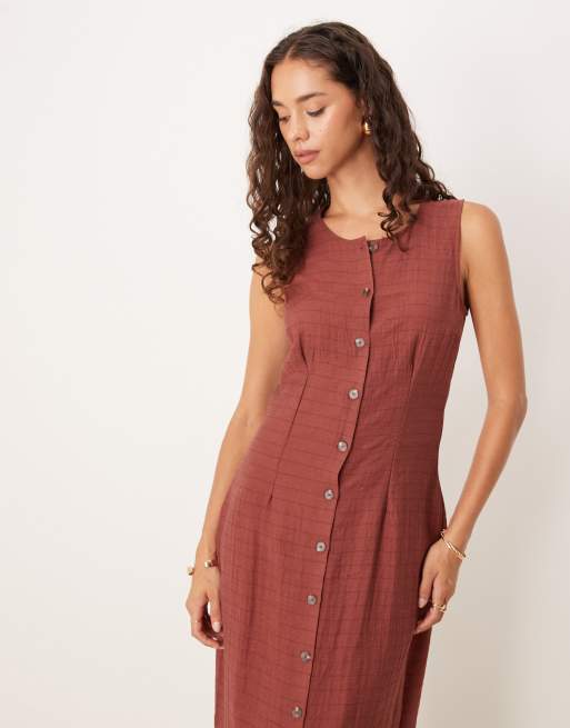 VILA button front midi dress in burnt henna check, 4 of 4