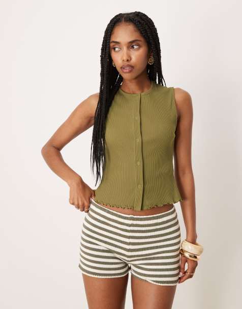 VILA button front tank top in olive - view 1