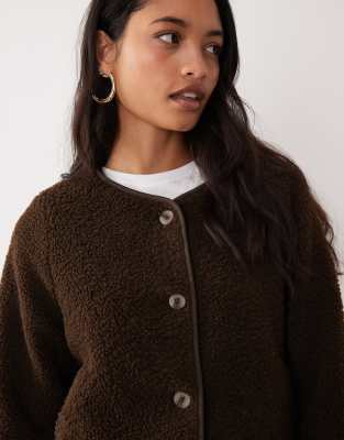 Vila Button Front Teddy Jacket In Brown