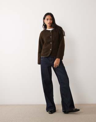 Vila Button Front Teddy Jacket In Brown