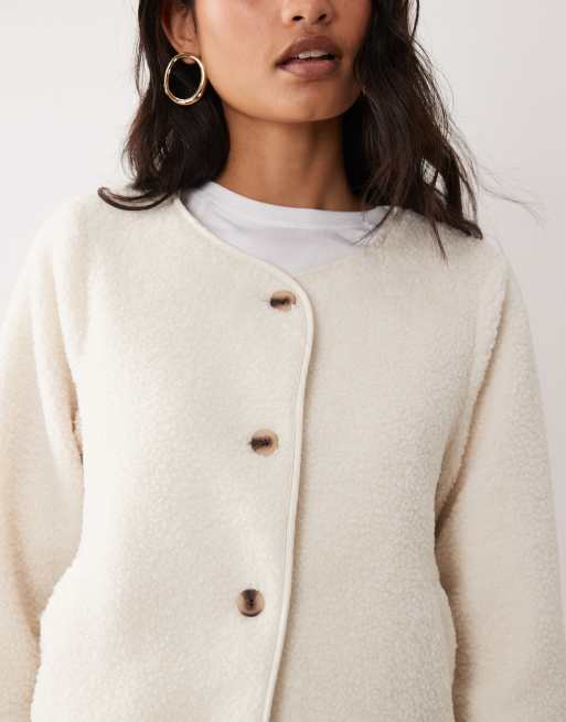 VILA button front teddy jacket in cream, 3 of 4