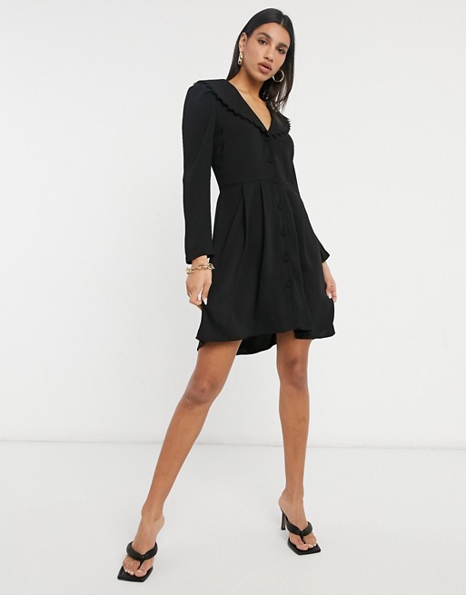 Vila button through dress with embroidered collar in black