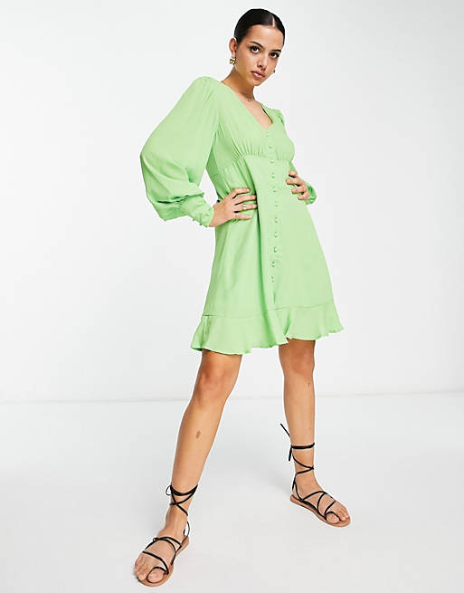 Vila button through mini dress with fluted hem in bright green