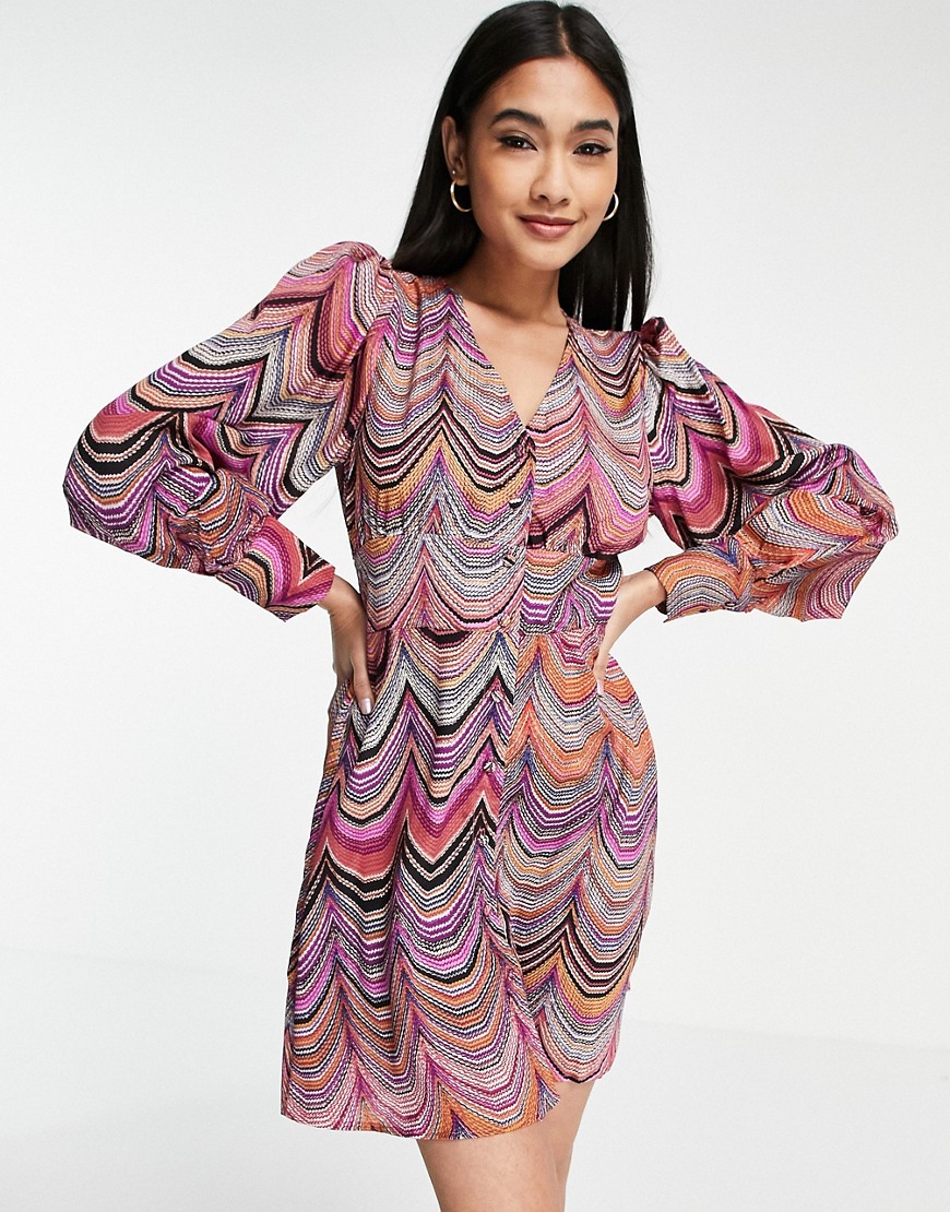 Vila Button Through Mini Dress With Fluted Hem In Swirl Print-multi