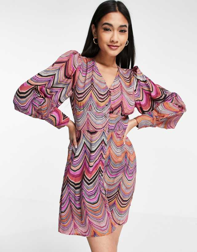 Vila button through mini dress with fluted hem in swirl print