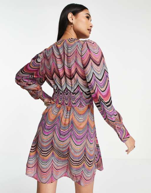 Vila button through mini dress with fluted hem in swirl print, 3 of 4