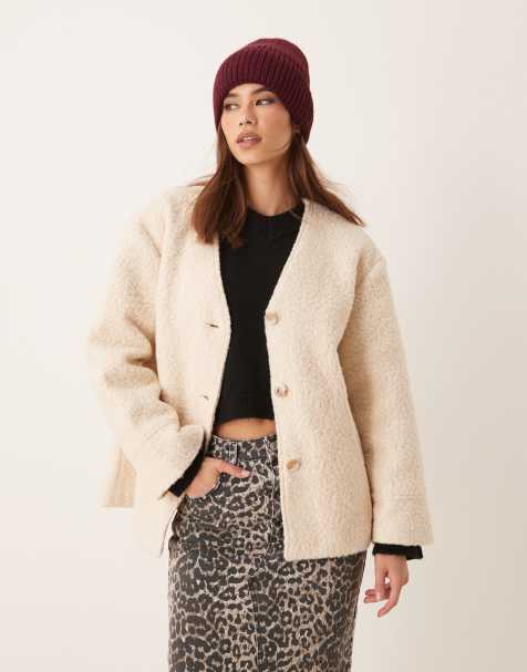 Vila button up fleece jacket in cream - view 1