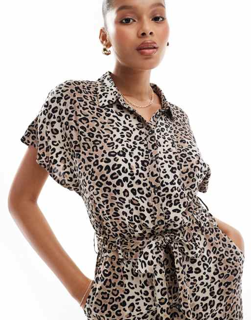 Vila buttondown tie waist jumpsuit in leopard print ASOS
