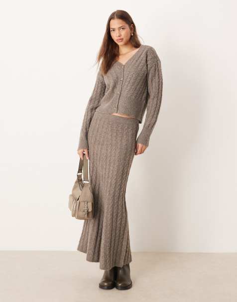 VILA cable knit cardigan and maxi skirt set in light brown melange - view 1