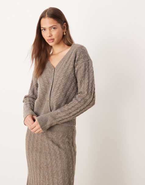 Vila cable knit cardigan co-ord in light brown melange - view 1