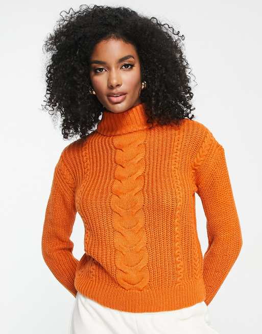 Vila cable knit high neck jumper in orange | ASOS