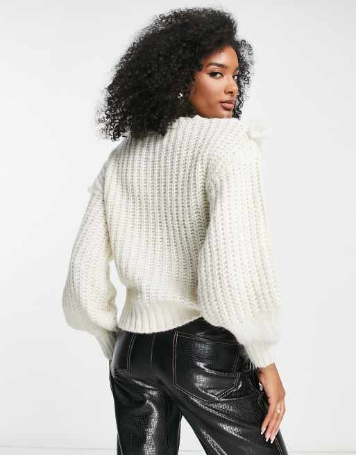 Vila cable knit jumper with frill detail in cream