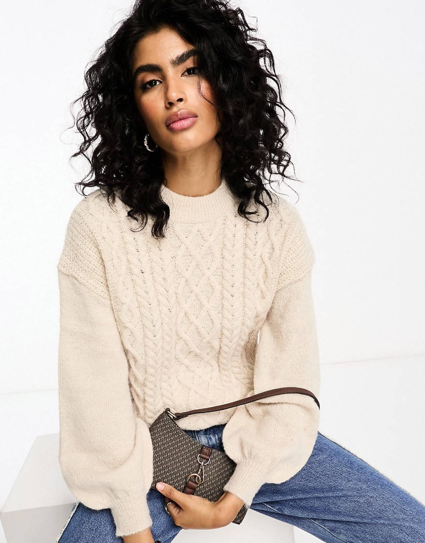 Vila cable knit jumper with puff sleeves in cream-White
