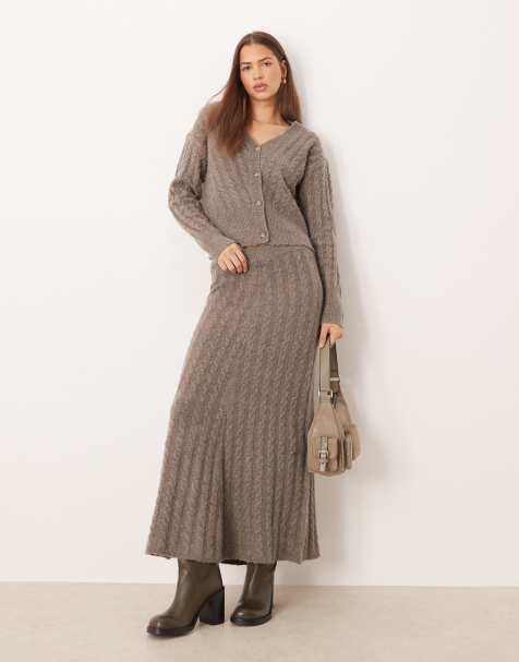Vila cable knit maxi skirt co-ord in light brown melange - view 1