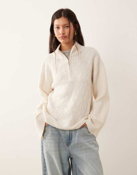 Vila cable knit zip up sweater in cream - view 1
