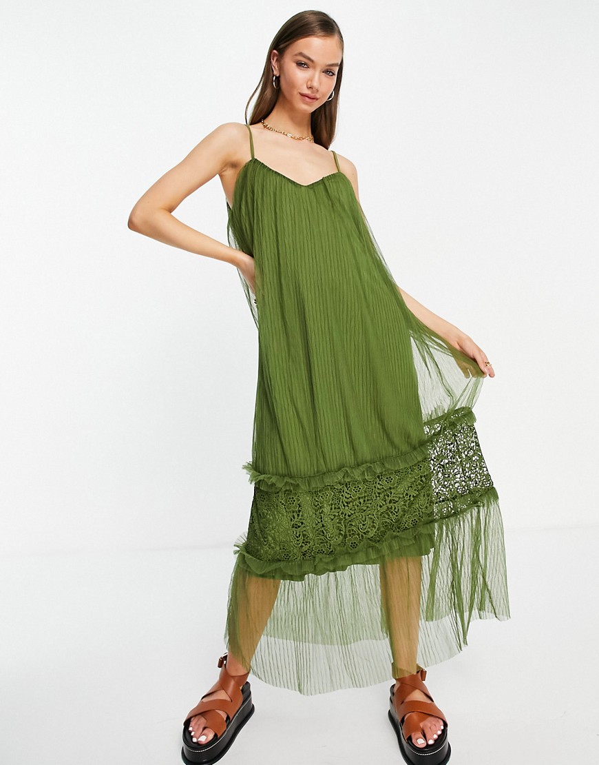 Vila cami maxi dress with tulle tiered skirt in khaki-Green