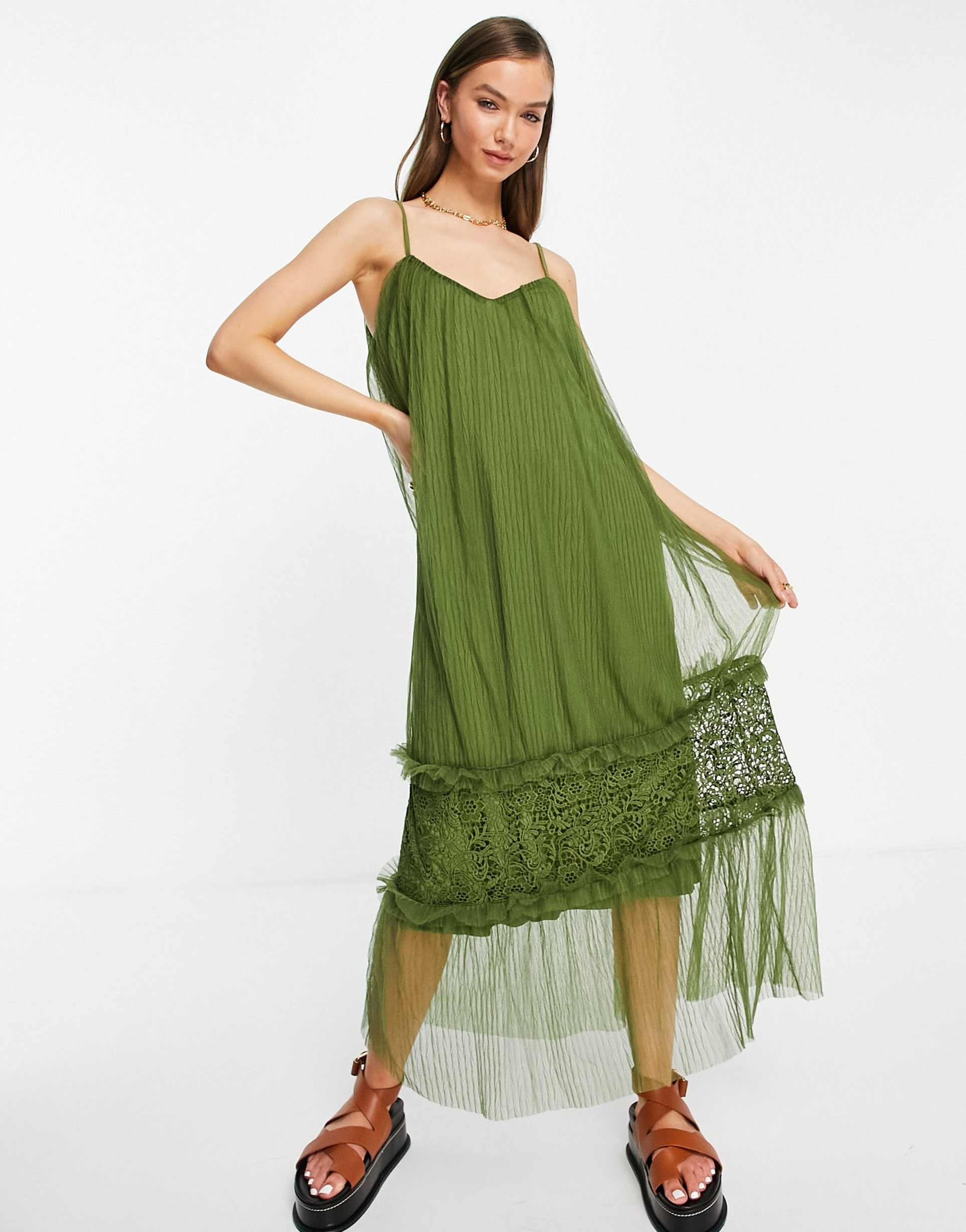 vila cami maxi dress with tulle tiered skirt in khaki