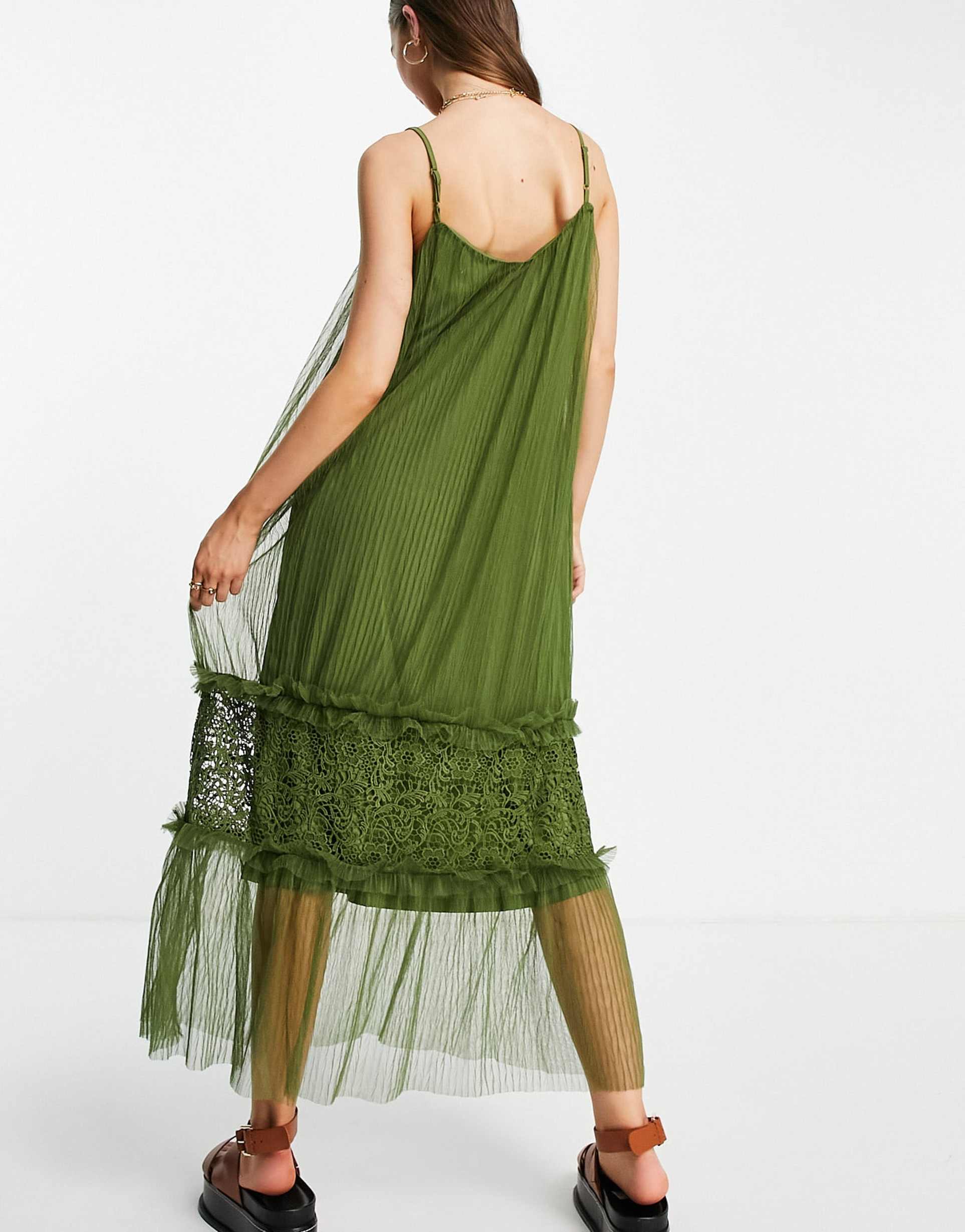 vila cami maxi dress with tulle tiered skirt in khaki