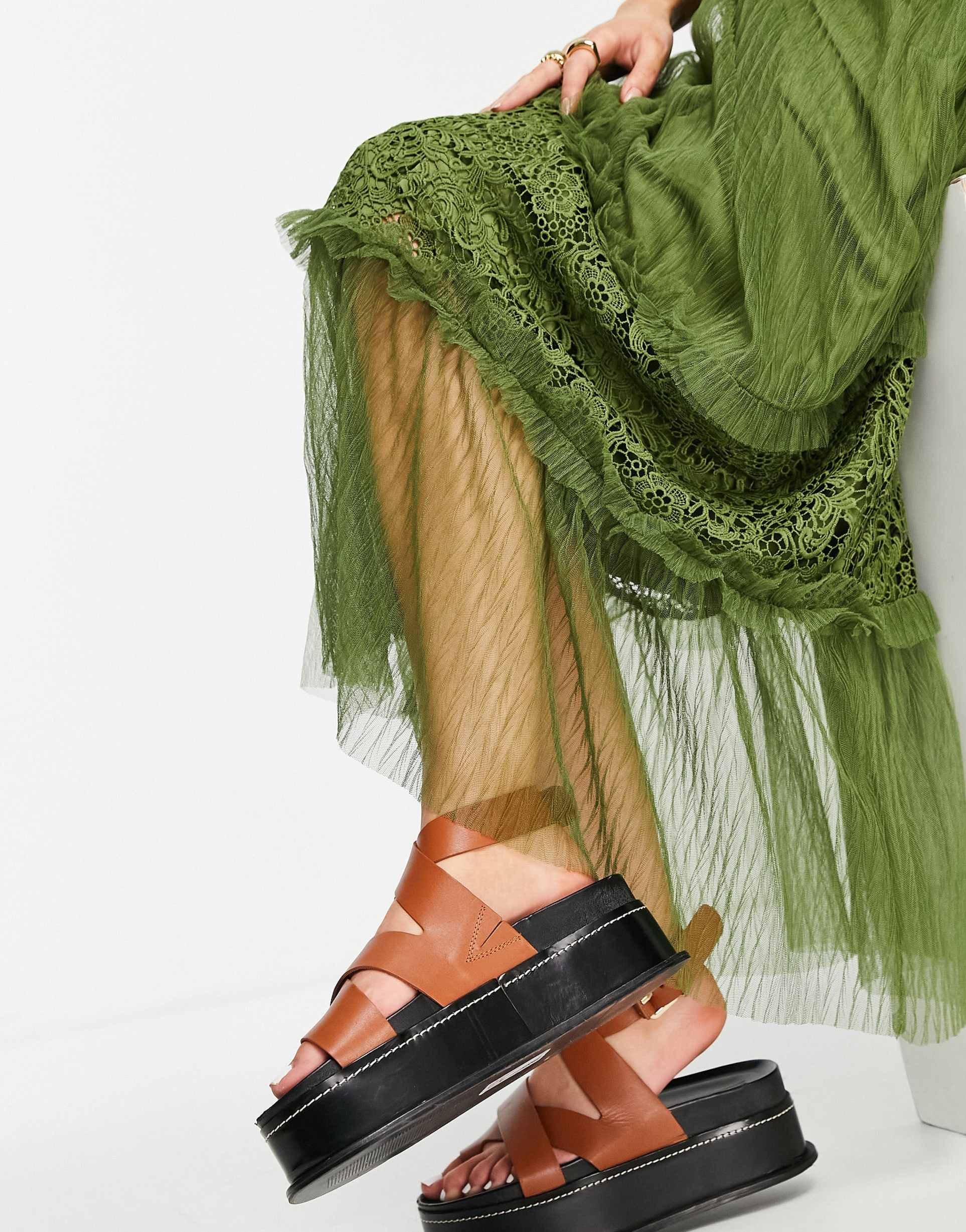 vila cami maxi dress with tulle tiered skirt in khaki