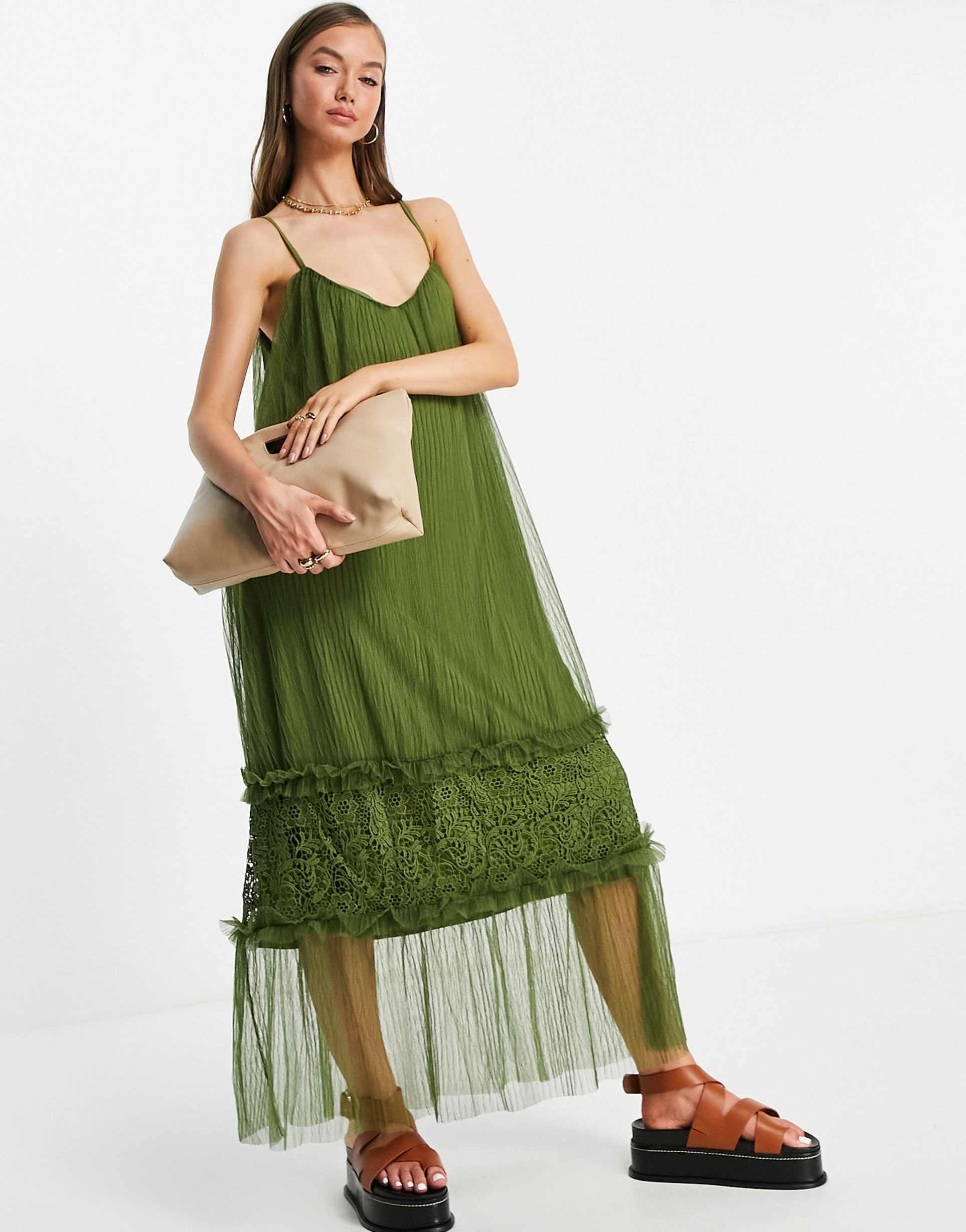 vila cami maxi dress with tulle tiered skirt in khaki