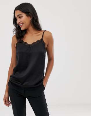 Vila lace trim cami-Black Black