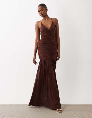 Vila Cami Ruched Slinky Maxi Dress In Brown