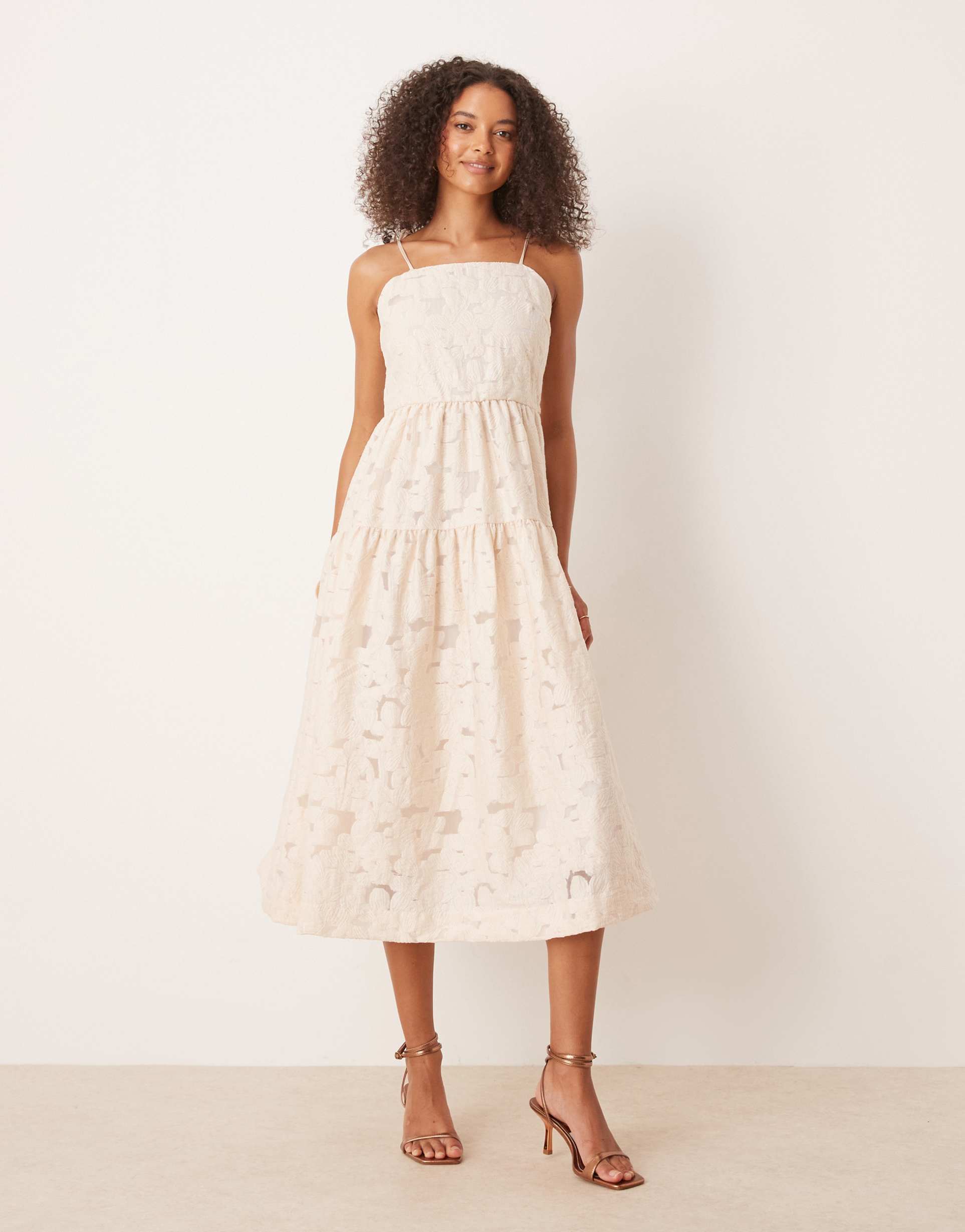 vila cami straps jacquard midi dress in birch