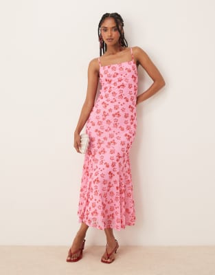 Vila - Camisole-Maxikleid aus Netzstoff in Rosa mit Blumenprint mit eckigem Ausschnitt